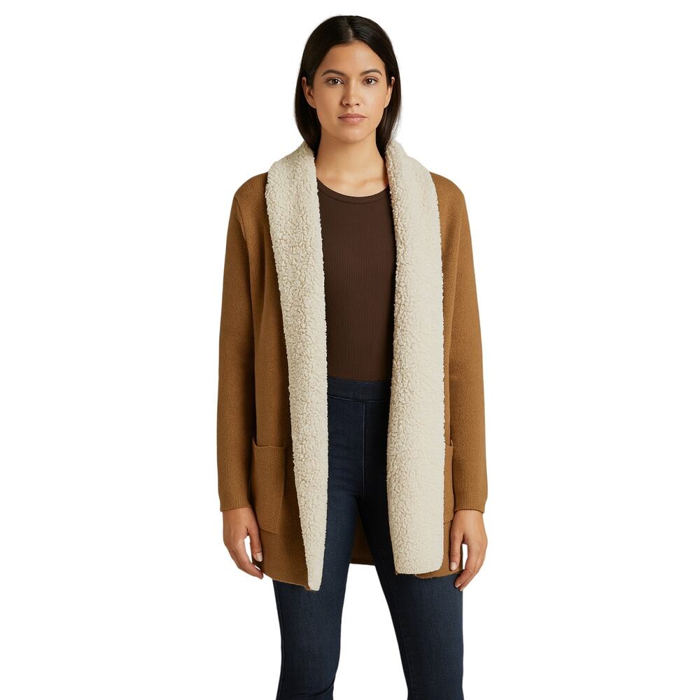 Style & Co Tan Fleece-Collar Open Cardigan, Women's Medium